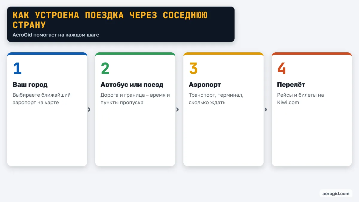 Схема поездки: город в Украине, автобус или поезд через границу, аэропорт в соседней стране, перелёт.