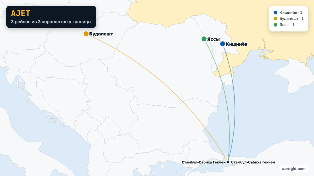 Карта рейсов AJet из аэропортов рядом с Украиной: Кишинёв – 1, Будапешт – 1, Яссы – 1.