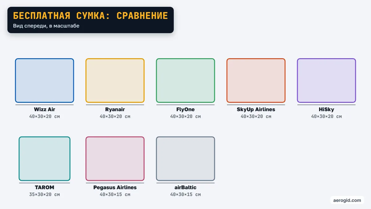 Сравнение размеров бесплатной ручной клади: Wizz Air 40×30×20 см, Ryanair 40×30×20 см, FlyOne 40×30×20 см, SkyUp Airlines 40×30×20 см, HiSky 40×30×20 см, TAROM 35×30×20 см, Pegasus Airlines 40×30×15 см, airBaltic 40×30×15 см.