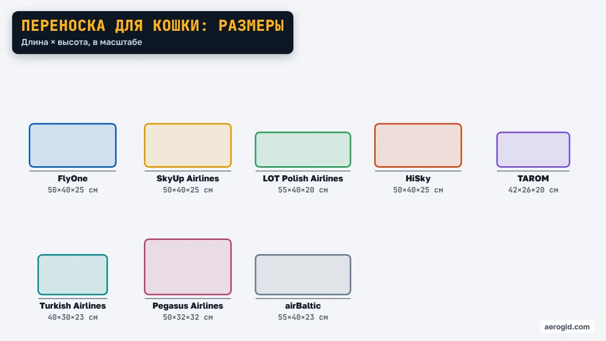 Сравнение максимальных размеров переноски для салона: FlyOne 50×40×25 см, SkyUp Airlines 50×40×25 см, LOT Polish Airlines 55×40×20 см, HiSky 50×40×25 см, TAROM 42×26×20 см, Turkish Airlines 40×30×23 см, Pegasus Airlines 50×32×32 см, airBaltic 55×40×23 см.