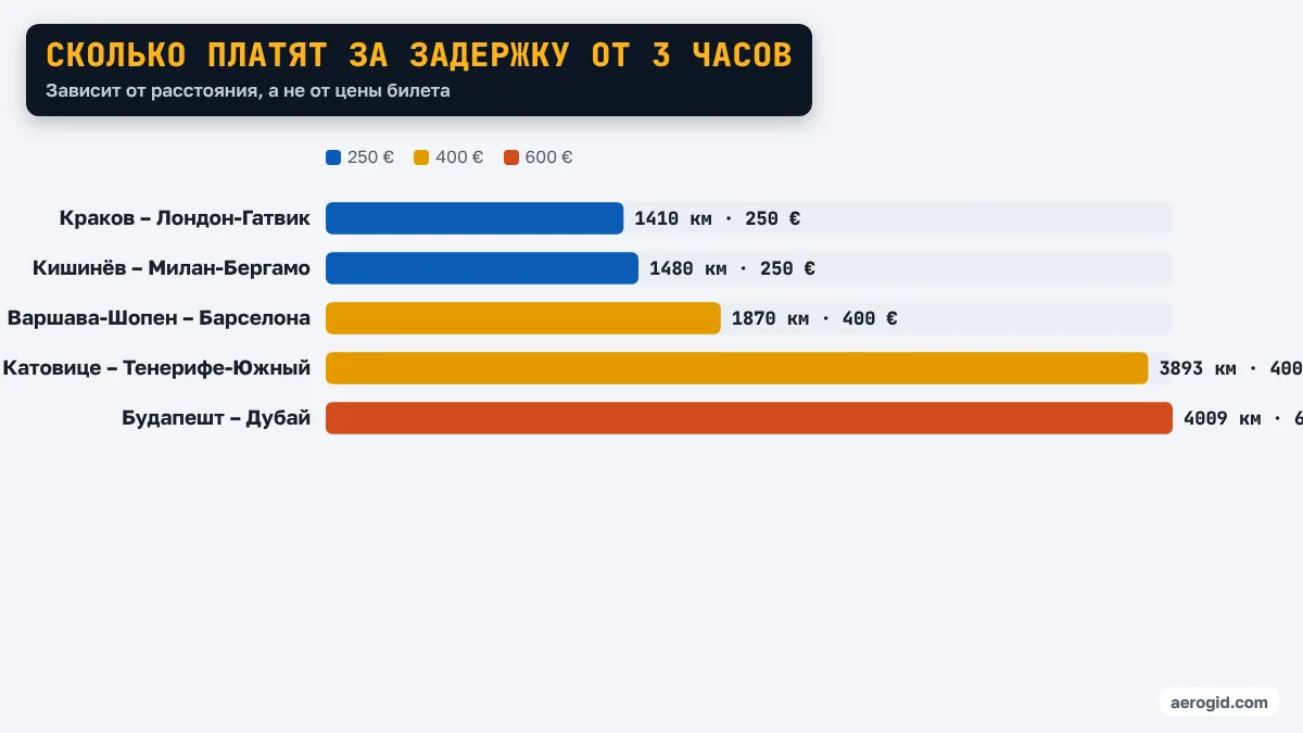 Диаграмма компенсаций по расстоянию: Краков – Лондон-Гатвик 1410 км · 250 €, Кишинёв – Милан-Бергамо 1480 км · 250 €, Варшава-Шопен – Барселона 1870 км · 400 €, Катовице – Тенерифе-Южный 3893 км · 400 €, Будапешт – Дубай 4009 км · 600 €.