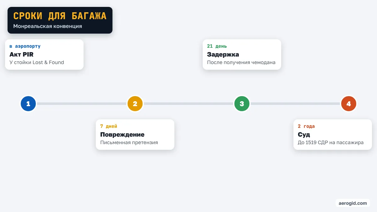 Шкала сроков: акт PIR в аэропорту, 7 дней на претензию за повреждение, 21 день за задержку, 2 года на иск.