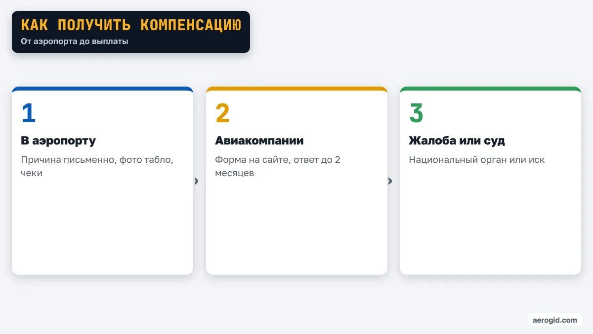 Схема: сохранить доказательства в аэропорту, написать авиакомпании, потом жалоба в национальный орган или суд.