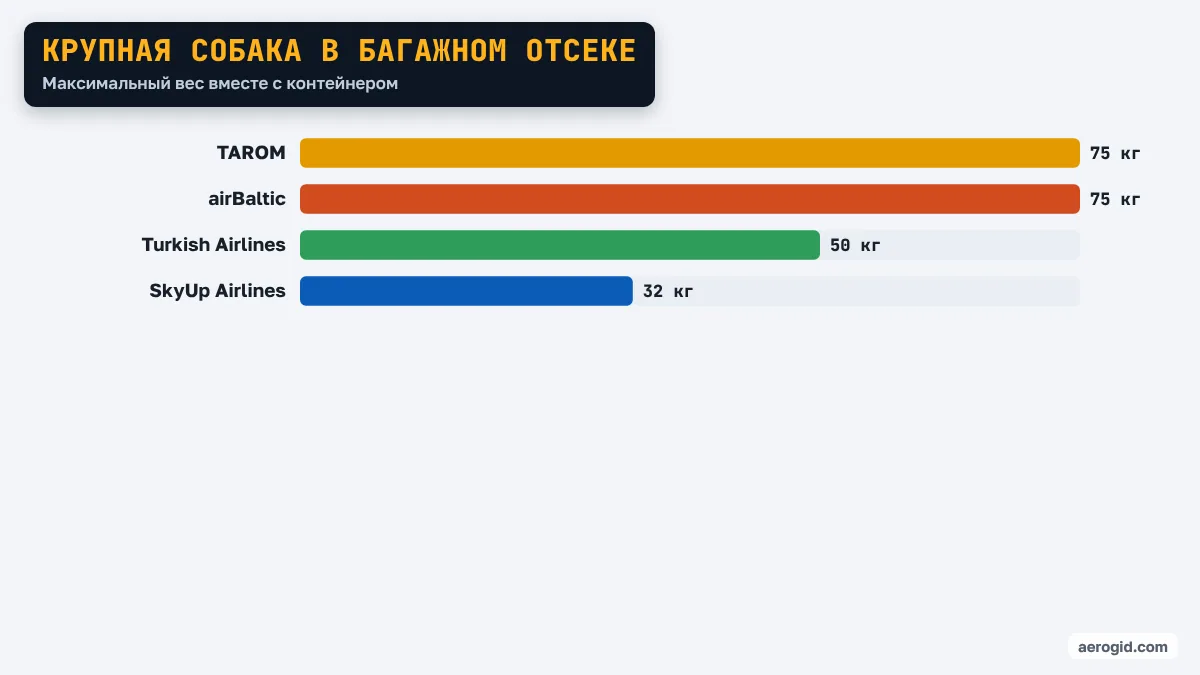 Диаграмма максимального веса собаки с контейнером в багажном отсеке: TAROM 75 кг, airBaltic 75 кг, Turkish Airlines 50 кг, SkyUp Airlines 32 кг.
