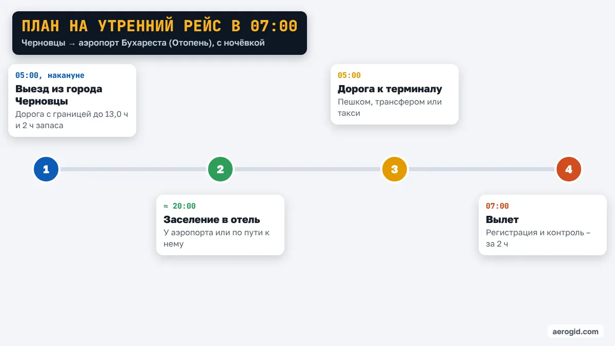 Шкала времени: выезд из города Черновцы в 05:00 накануне, заселение в отель у аэропорта Бухареста (Отопень) около 20:00, в 05:00 дорога к терминалу, вылет в 07:00.