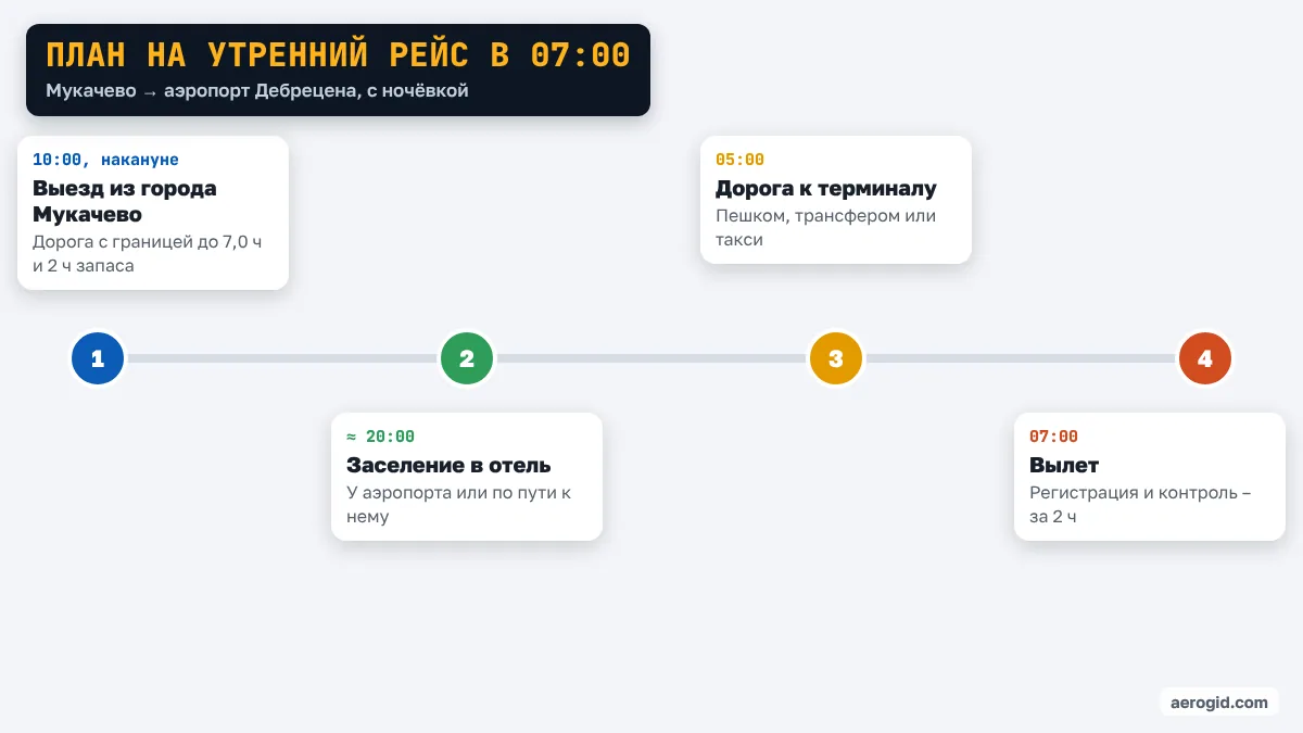 Шкала времени: выезд из города Мукачево в 10:00 накануне, заселение в отель у аэропорта Дебрецена около 20:00, в 05:00 дорога к терминалу, вылет в 07:00.