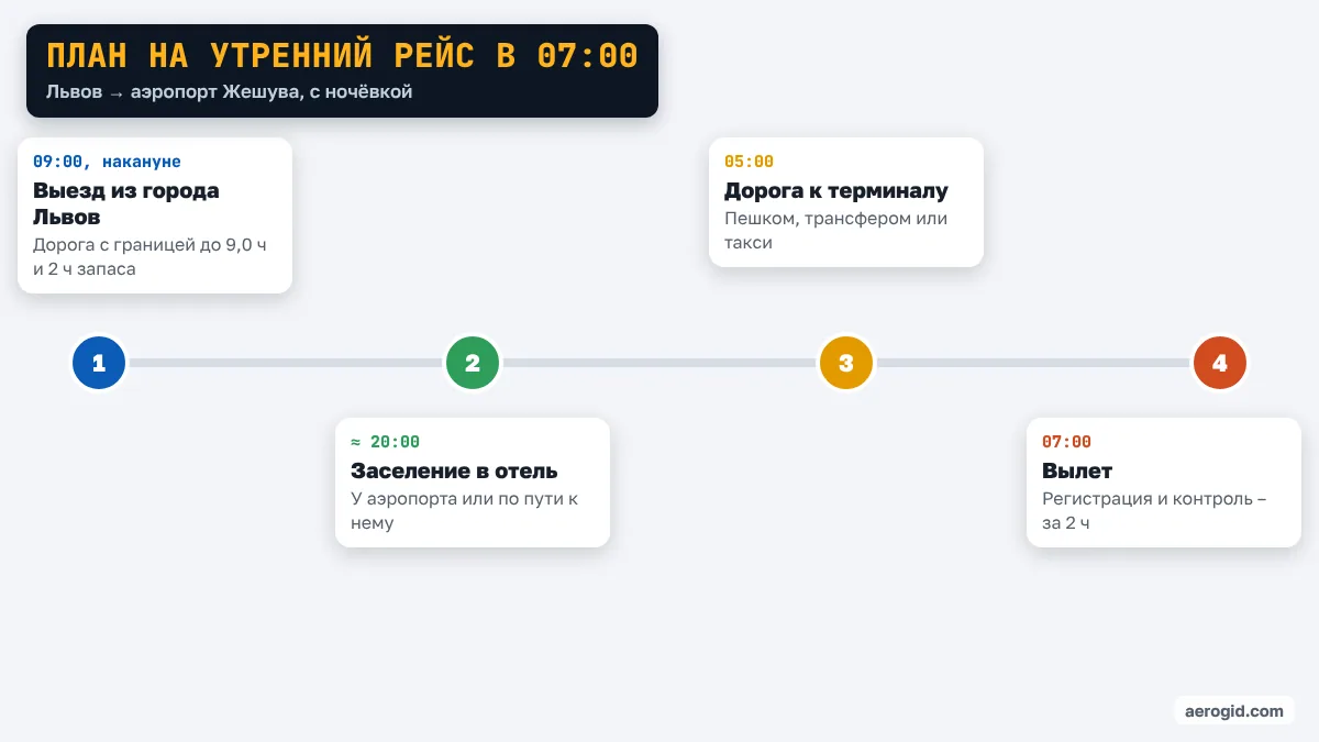 Шкала времени: выезд из города Львов в 09:00 накануне, заселение в отель у аэропорта Жешува около 20:00, в 05:00 дорога к терминалу, вылет в 07:00.