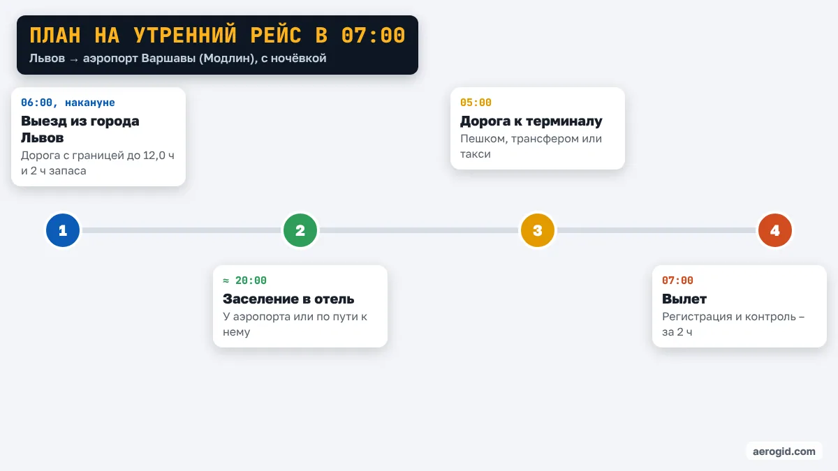 Шкала времени: выезд из города Львов в 06:00 накануне, заселение в отель у аэропорта Варшавы (Модлин) около 20:00, в 05:00 дорога к терминалу, вылет в 07:00.