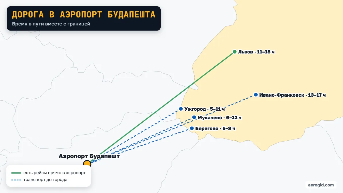 Карта: как добраться из Украины в аэропорт Будапешта – Ужгород 5–11 ч; Мукачево 6–12 ч; Львов 11–18 ч; Ивано-Франковск 13–17 ч; Берегово 5–8 ч.