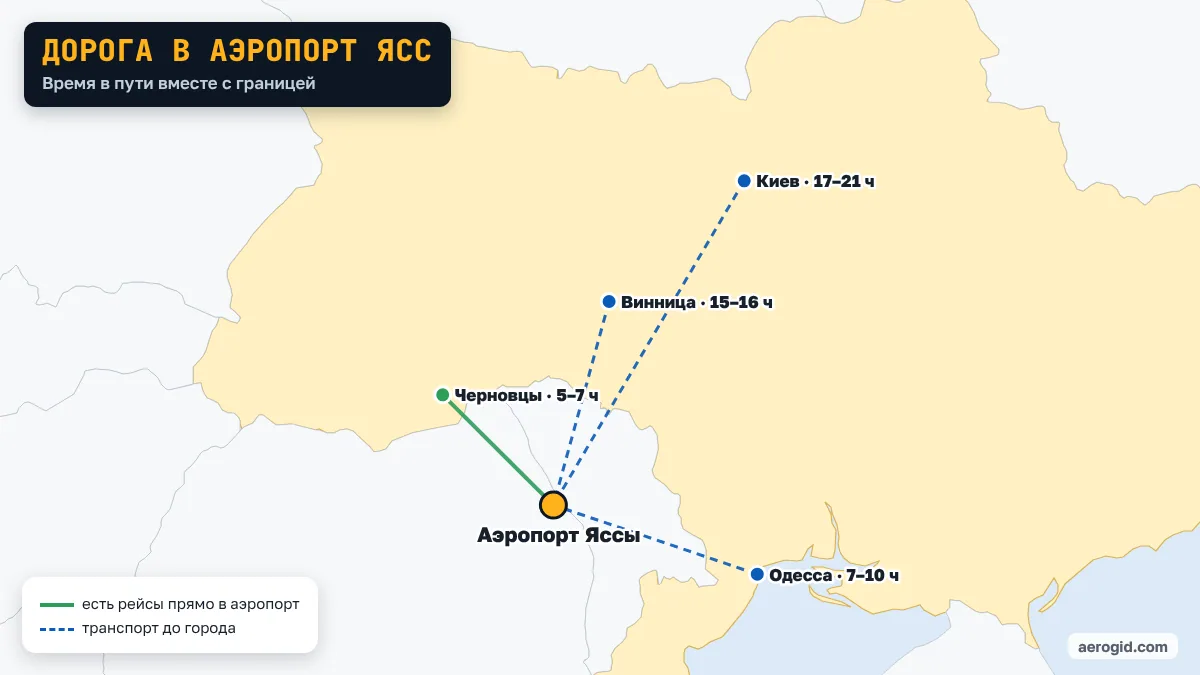 Карта: как добраться из Украины в аэропорт Ясс – Черновцы 5–7 ч; Одесса 7–10 ч; Винница 15–16 ч; Киев 17–21 ч.