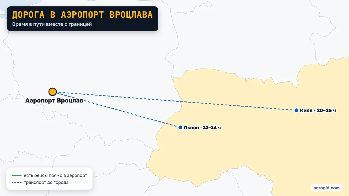 Карта: как добраться из Украины в аэропорт Вроцлава – Львов 11–14 ч; Киев 20–25 ч.