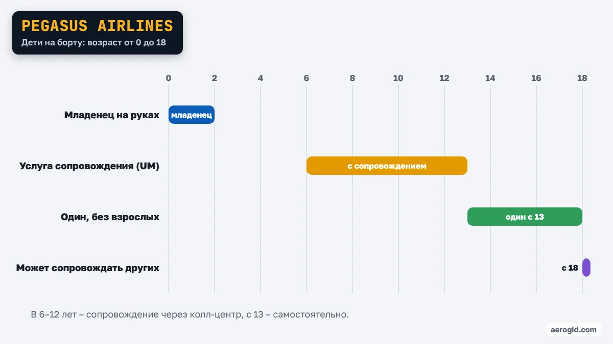 Шкала возраста ребёнка в Pegasus Airlines: один – с 13 лет, сопровождение – 6–12 лет, сопровождающий от 18 лет.