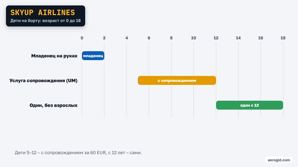 Шкала возраста ребёнка в SkyUp Airlines: один – с 12 лет, сопровождение – 5–11 лет.