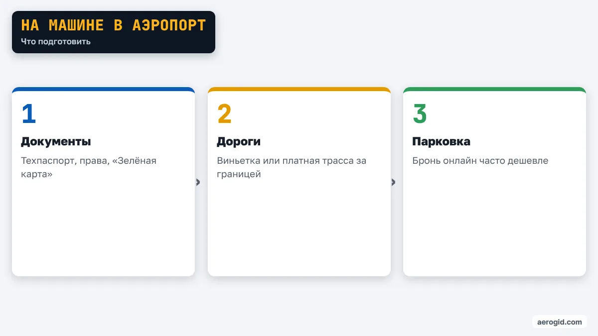 Схема подготовки к поездке на машине в аэропорт: документы, дороги, парковка.