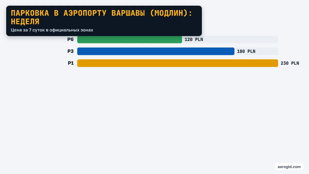 Диаграмма цен за неделю на парковках аэропорта Варшавы (Модлин): P6 120 PLN, P3 180 PLN, P1 230 PLN.