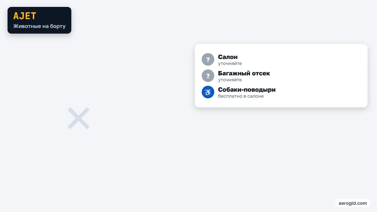 Правила AJet для животных: Салон – уточняйте; Багажный отсек – уточняйте; Собаки-поводыри – бесплатно в салоне.
