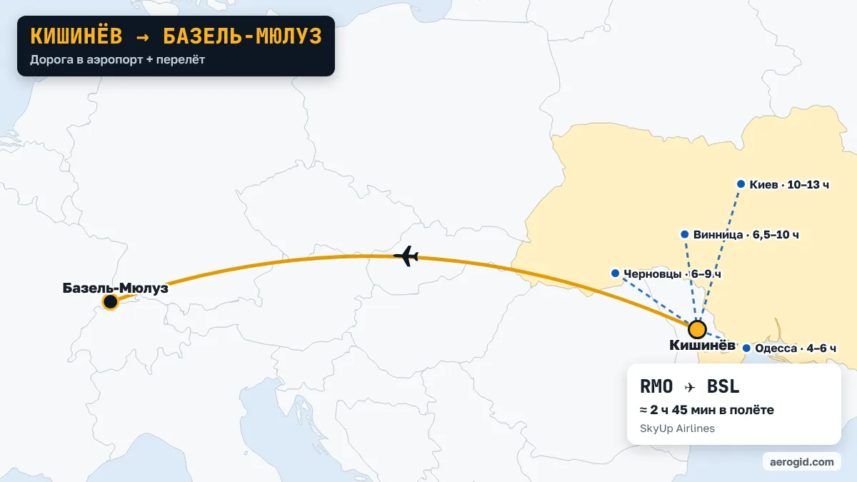 Карта маршрута Кишинёв – Базель-Мюлуз: дорога в аэропорт Кишинёва из Одесса (4–6 ч), Черновцы (6–9 ч), Винница (6,5–10 ч), дальше перелёт RMO – BSL, 2 ч 45 мин в полёте.
