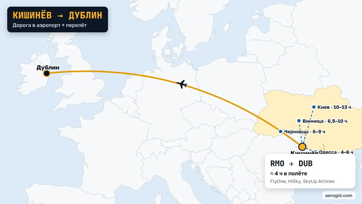 Карта маршрута Кишинёв – Дублин: дорога в аэропорт Кишинёва из Одесса (4–6 ч), Черновцы (6–9 ч), Винница (6,5–10 ч), дальше перелёт RMO – DUB, 4 ч в полёте.
