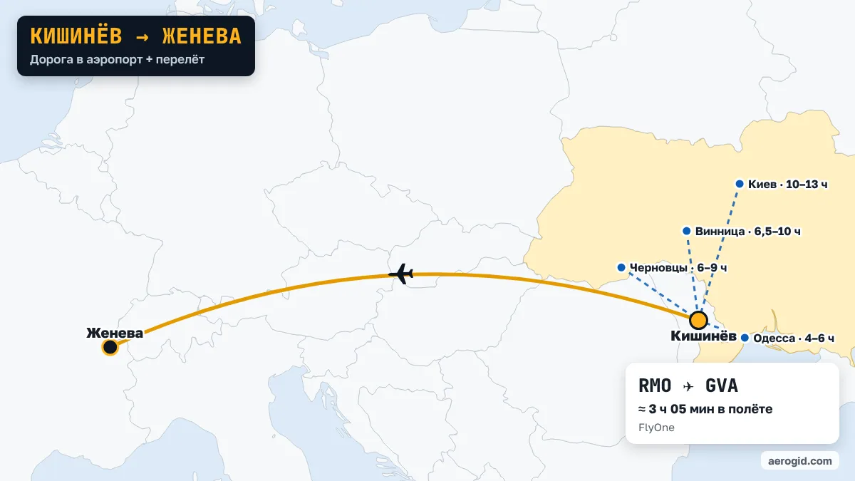 Карта маршрута Кишинёв – Женева: дорога в аэропорт Кишинёва из Одесса (4–6 ч), Черновцы (6–9 ч), Винница (6,5–10 ч), дальше перелёт RMO – GVA, 3 ч 05 мин в полёте.