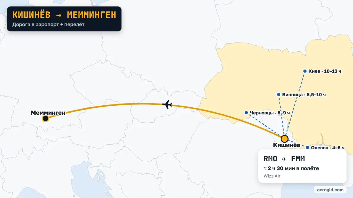 Карта маршрута Кишинёв – Мемминген: дорога в аэропорт Кишинёва из Одесса (4–6 ч), Черновцы (6–9 ч), Винница (6,5–10 ч), дальше перелёт RMO – FMM, 2 ч 30 мин в полёте.