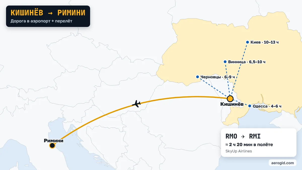 Карта маршрута Кишинёв – Римини: дорога в аэропорт Кишинёва из Одесса (4–6 ч), Черновцы (6–9 ч), Винница (6,5–10 ч), дальше перелёт RMO – RMI, 2 ч 20 мин в полёте.