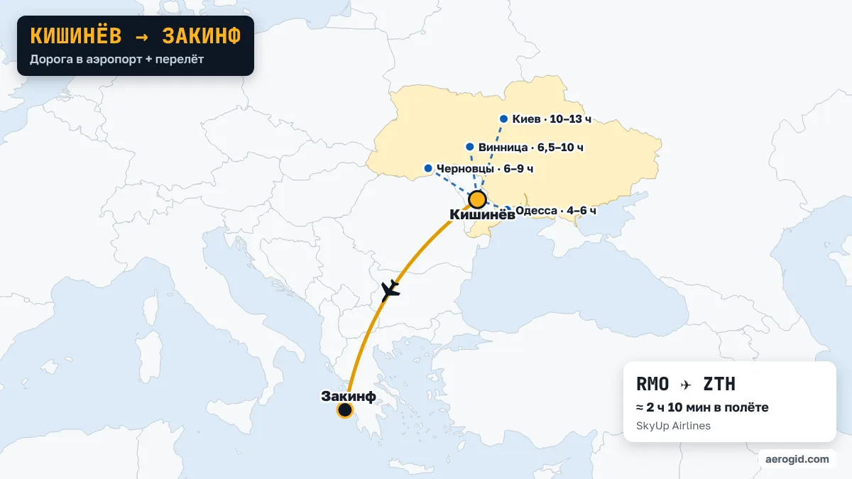 Карта маршрута Кишинёв – Закинф: дорога в аэропорт Кишинёва из Одесса (4–6 ч), Черновцы (6–9 ч), Винница (6,5–10 ч), дальше перелёт RMO – ZTH, 2 ч 10 мин в полёте.