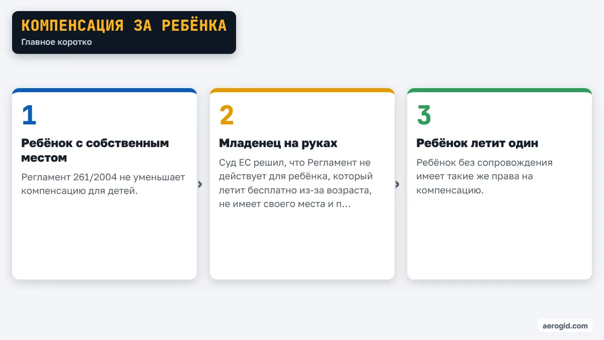 Схема: Компенсация за ребёнка – Ребёнок с собственным местом; Младенец на руках; Ребёнок летит один.