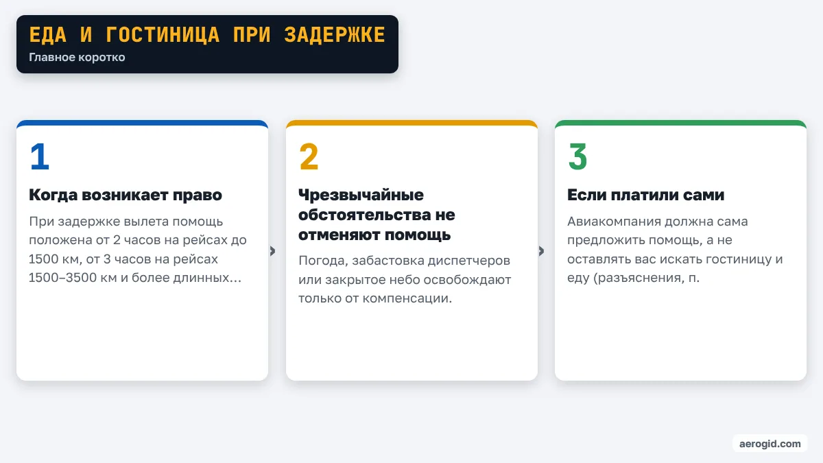 Схема: Еда и гостиница при задержке – Когда возникает право; Чрезвычайные обстоятельства не отменяют помощь; Если платили сами.