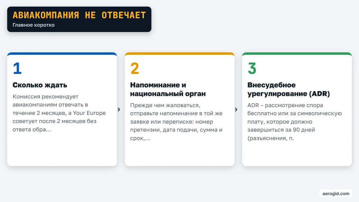 Схема: Авиакомпания не отвечает – Сколько ждать; Напоминание и национальный орган; Внесудебное урегулирование (ADR).