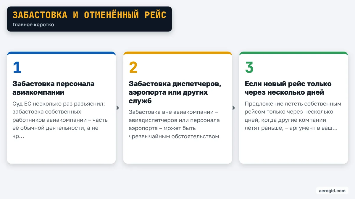 Схема: Забастовка и отменённый рейс – Забастовка персонала авиакомпании; Забастовка диспетчеров, аэропорта или других служб; Если новый рейс только через несколько дней.