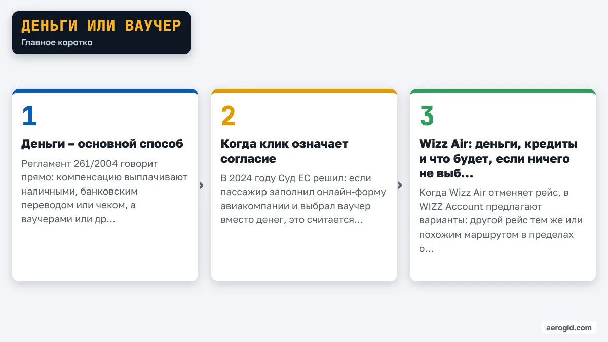 Схема: Деньги или ваучер – Деньги – основной способ; Когда клик означает согласие; Wizz Air: деньги, кредиты и что будет, если ничего не выбрать.