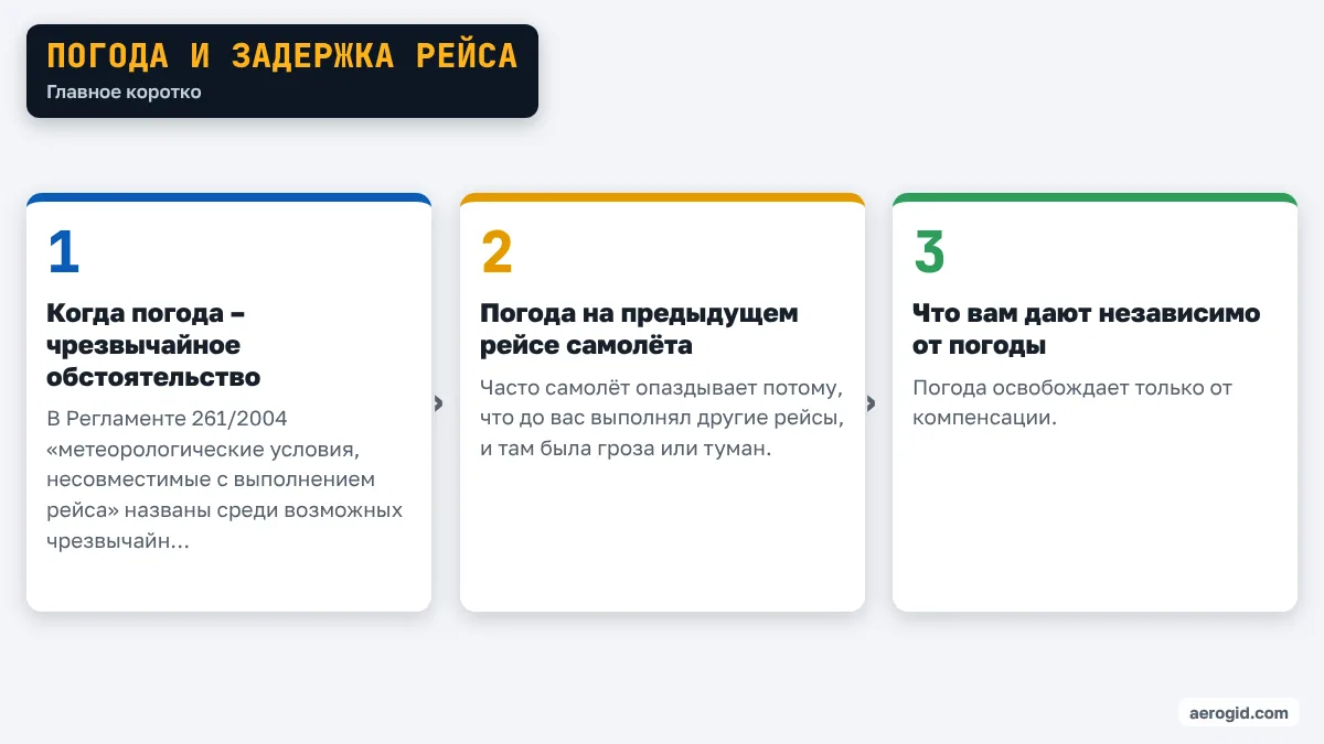Схема: Погода и задержка рейса – Когда погода – чрезвычайное обстоятельство; Погода на предыдущем рейсе самолёта; Что вам дают независимо от погоды.