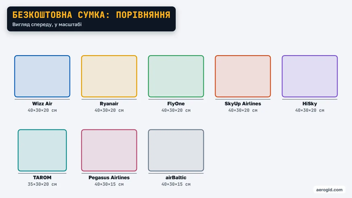 Порівняння розмірів безкоштовної ручної поклажі: Wizz Air 40×30×20 см, Ryanair 40×30×20 см, FlyOne 40×30×20 см, SkyUp Airlines 40×30×20 см, HiSky 40×30×20 см, TAROM 35×30×20 см, Pegasus Airlines 40×30×15 см, airBaltic 40×30×15 см.