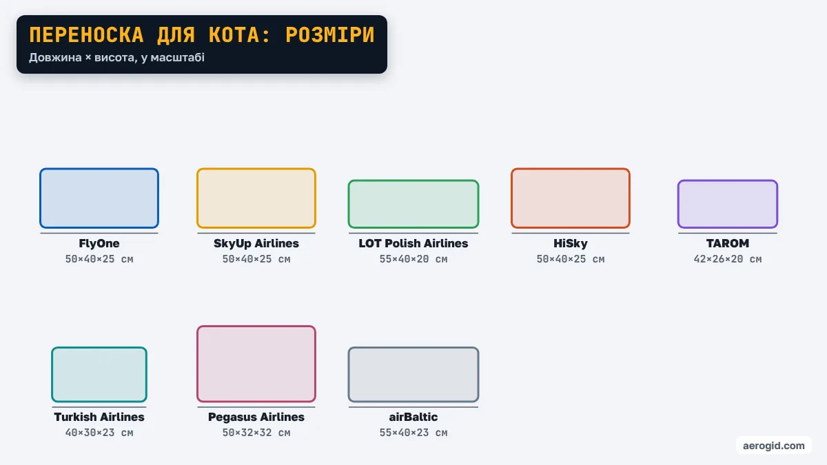 Порівняння максимальних розмірів переноски для салону: FlyOne 50×40×25 см, SkyUp Airlines 50×40×25 см, LOT Polish Airlines 55×40×20 см, HiSky 50×40×25 см, TAROM 42×26×20 см, Turkish Airlines 40×30×23 см, Pegasus Airlines 50×32×32 см, airBaltic 55×40×23 см.