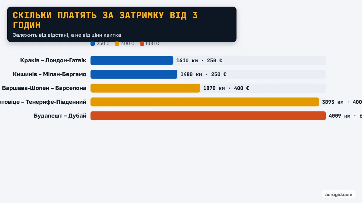 Діаграма компенсацій за відстанню: Краків – Лондон-Гатвік 1410 км · 250 €, Кишинів – Мілан-Бергамо 1480 км · 250 €, Варшава-Шопен – Барселона 1870 км · 400 €, Катовіце – Тенерифе-Південний 3893 км · 400 €, Будапешт – Дубай 4009 км · 600 €.