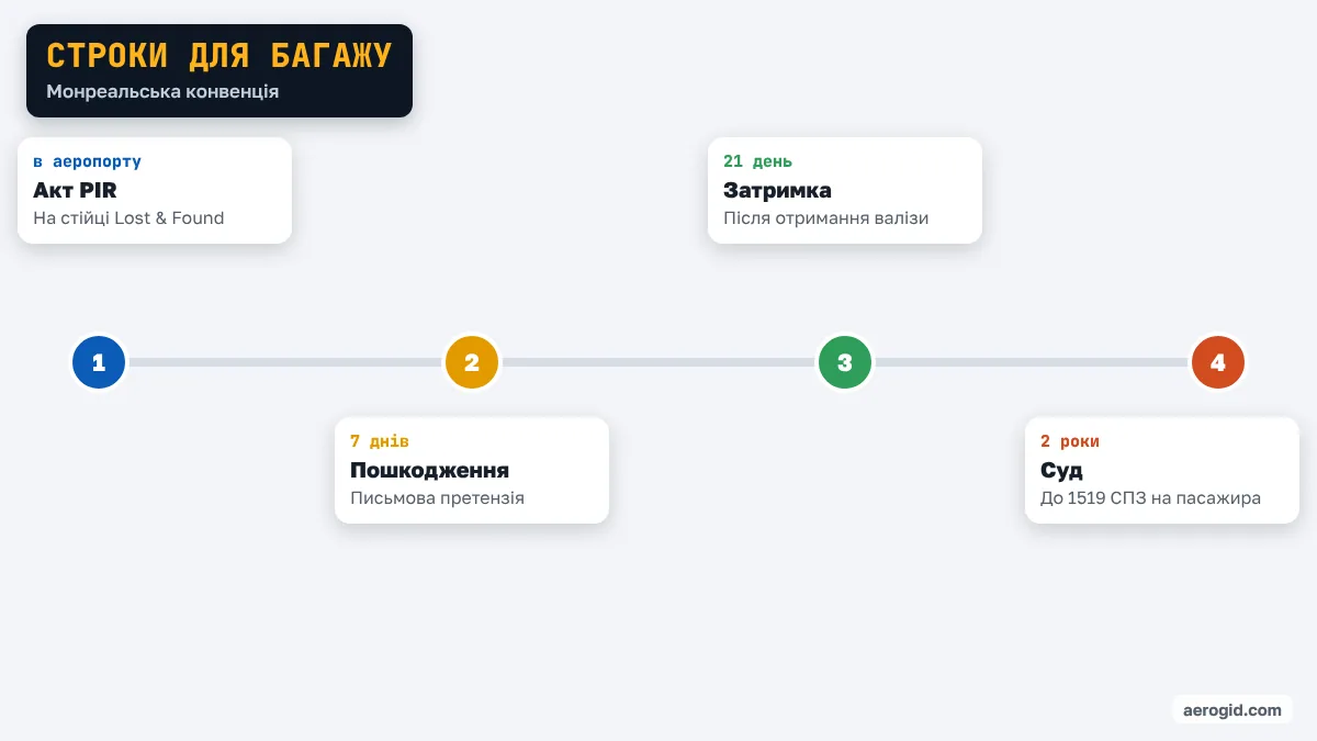 Шкала строків: акт PIR в аеропорту, 7 днів на претензію за пошкодження, 21 день за затримку, 2 роки на позов.