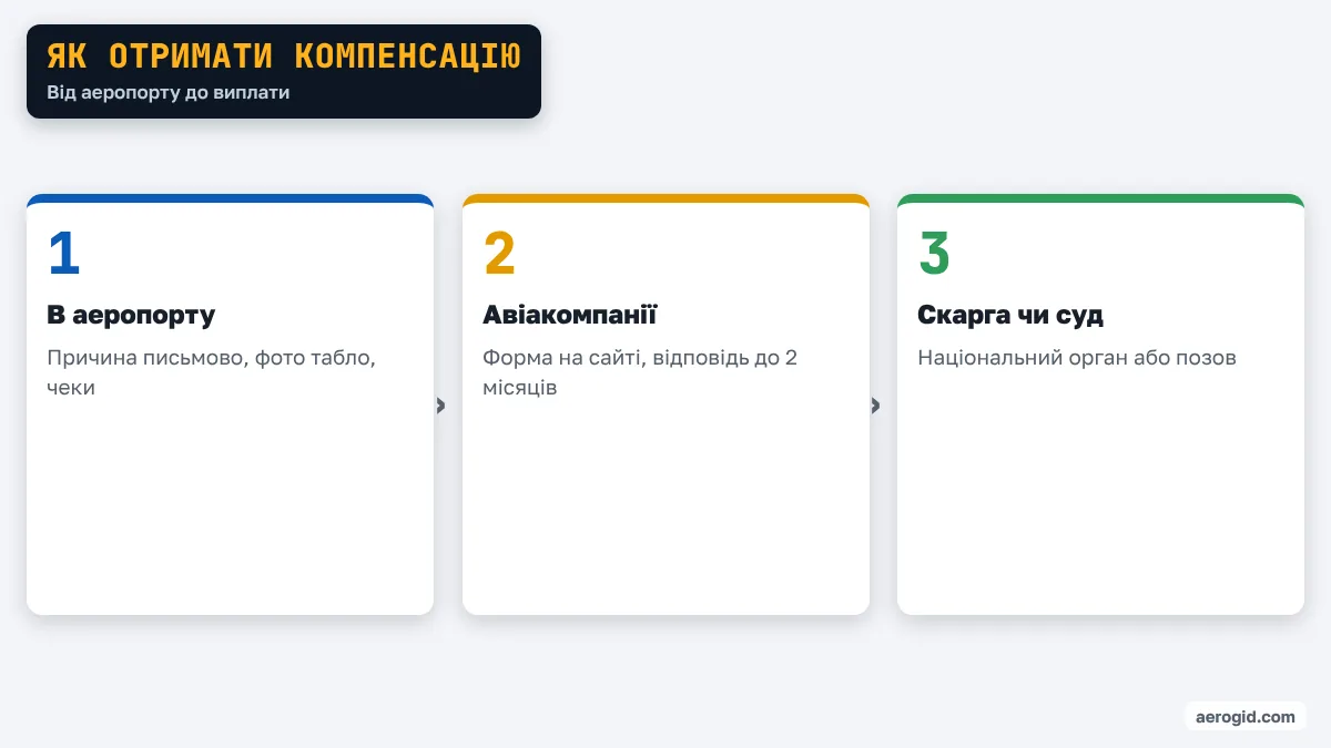 Схема: зберегти докази в аеропорту, написати авіакомпанії, потім скарга до національного органу чи суд.