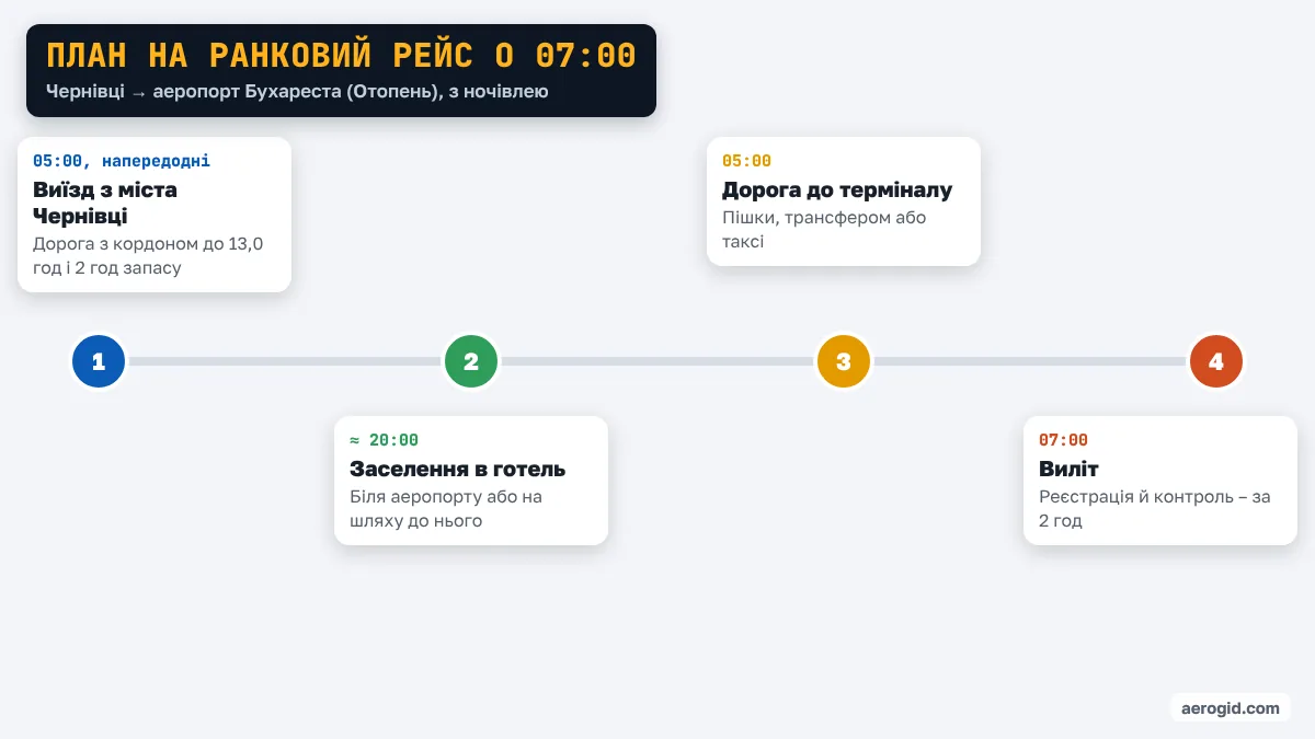 Шкала часу: виїзд з міста Чернівці о 05:00 напередодні, заселення в готель біля аеропорту Бухареста (Отопень) близько 20:00, о 05:00 дорога до терміналу, виліт о 07:00.