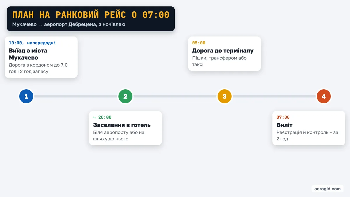 Шкала часу: виїзд з міста Мукачево о 10:00 напередодні, заселення в готель біля аеропорту Дебрецена близько 20:00, о 05:00 дорога до терміналу, виліт о 07:00.