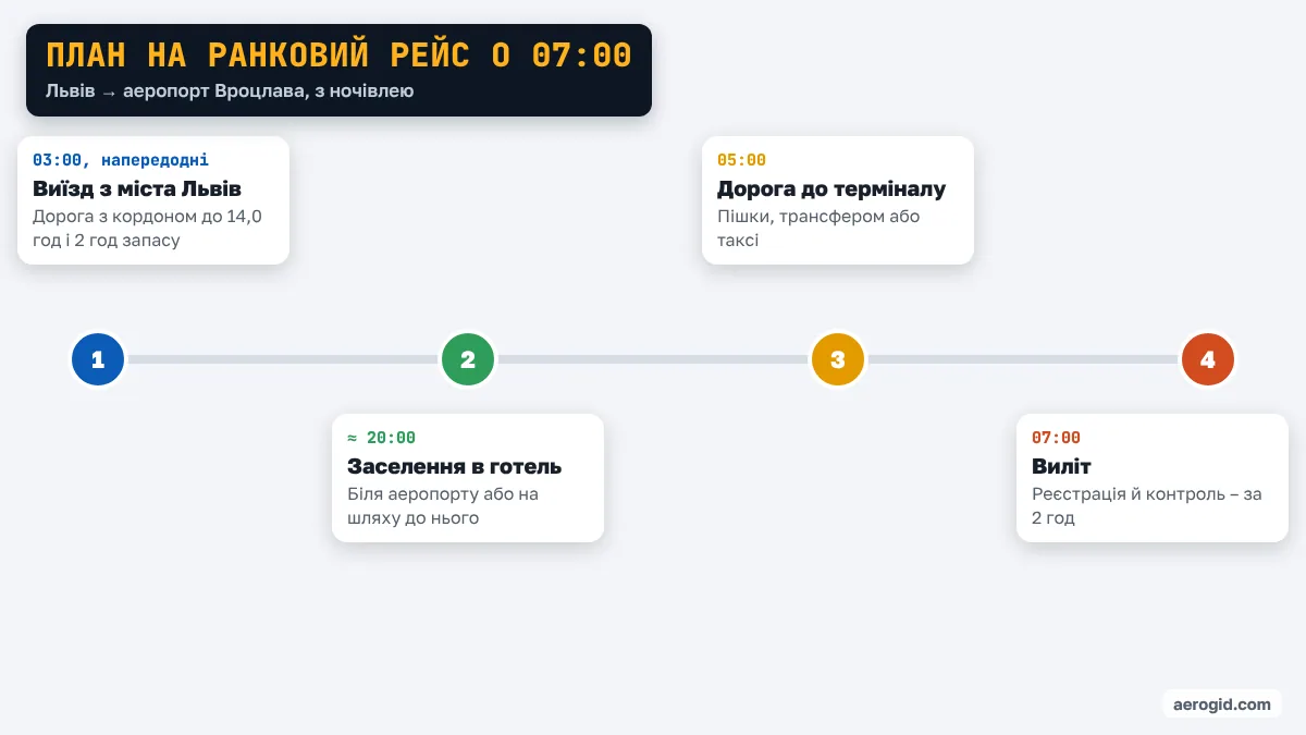Шкала часу: виїзд з міста Львів о 03:00 напередодні, заселення в готель біля аеропорту Вроцлава близько 20:00, о 05:00 дорога до терміналу, виліт о 07:00.