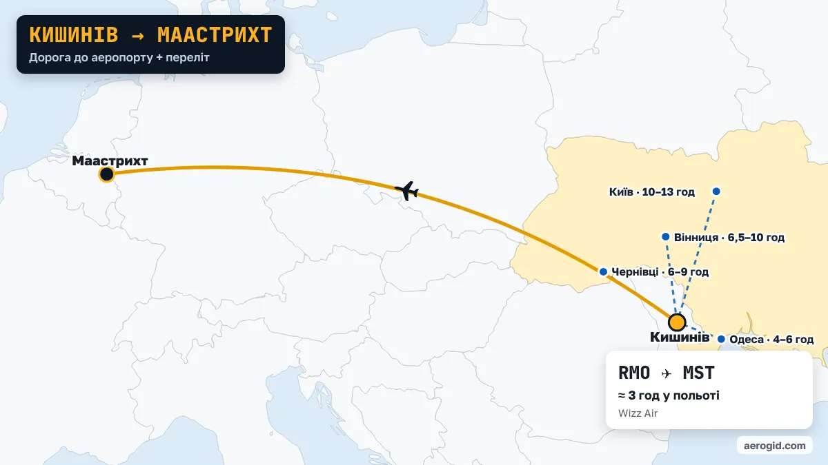 Карта маршруту Кишинів – Маастрихт: доїзд до аеропорту Кишинева з Одеса (4–6 год), Чернівці (6–9 год), Вінниця (6,5–10 год), далі переліт RMO – MST, 3 год у польоті.