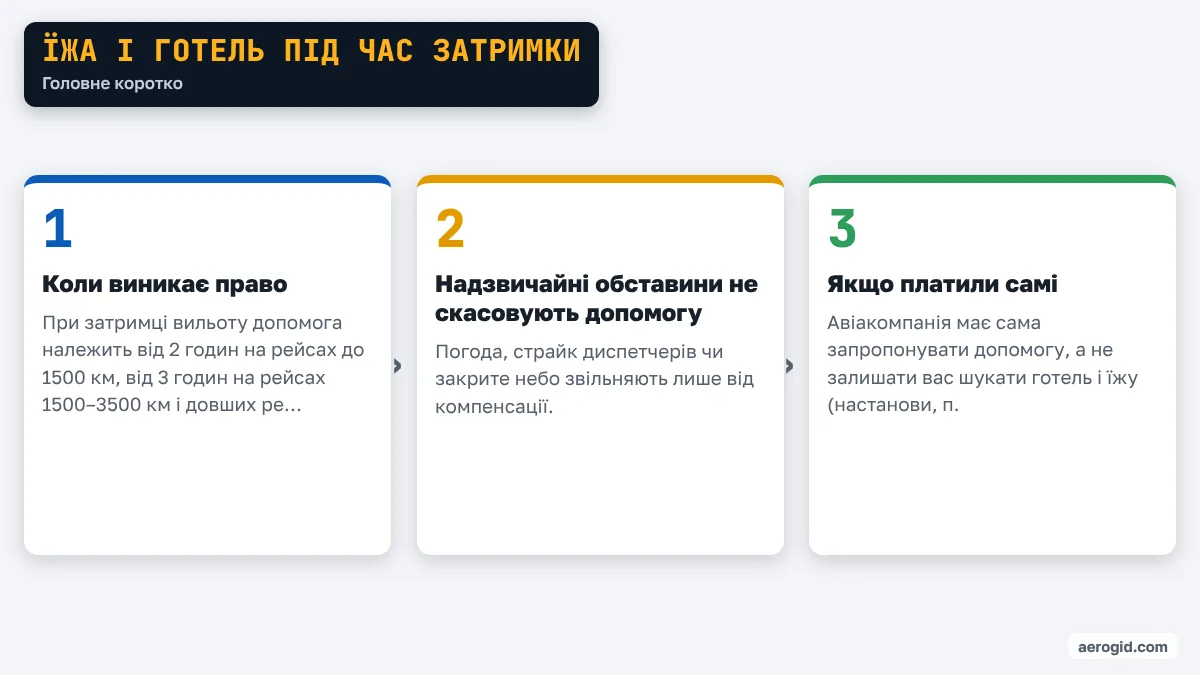 Схема: Їжа і готель під час затримки – Коли виникає право; Надзвичайні обставини не скасовують допомогу; Якщо платили самі.