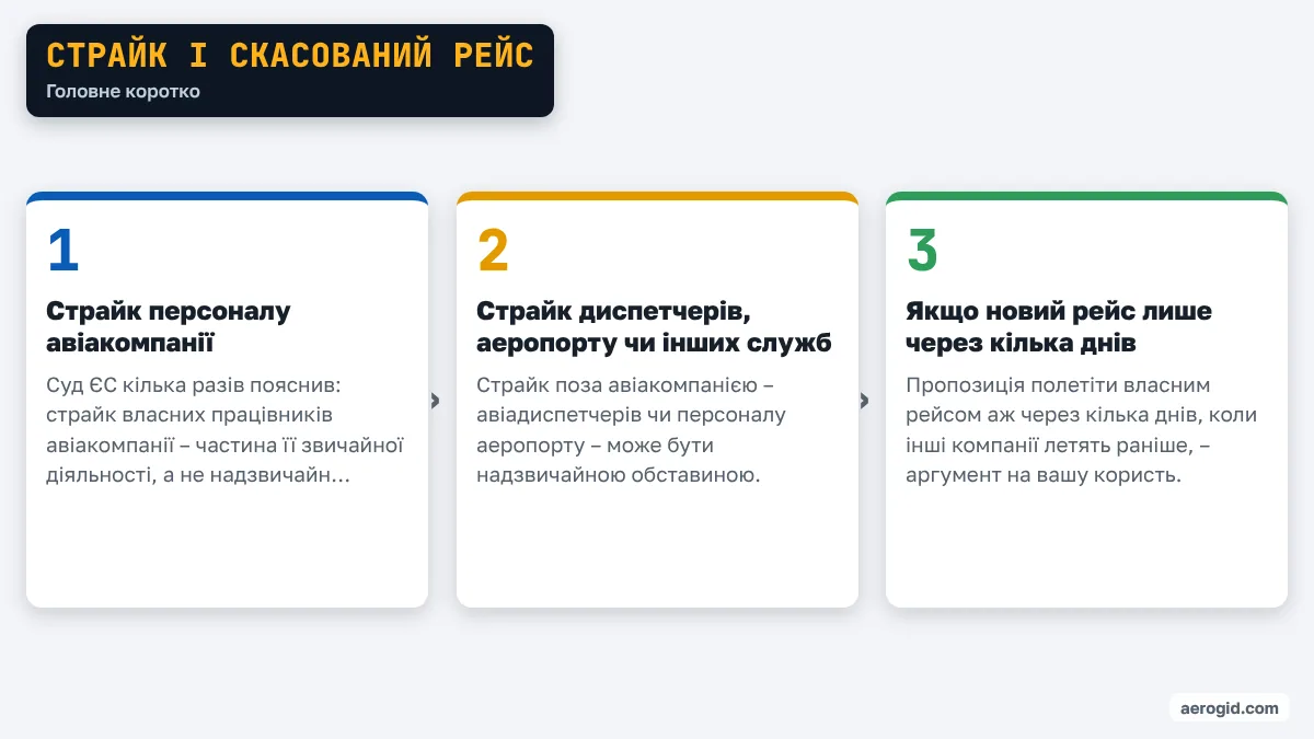 Схема: Страйк і скасований рейс – Страйк персоналу авіакомпанії; Страйк диспетчерів, аеропорту чи інших служб; Якщо новий рейс лише через кілька днів.