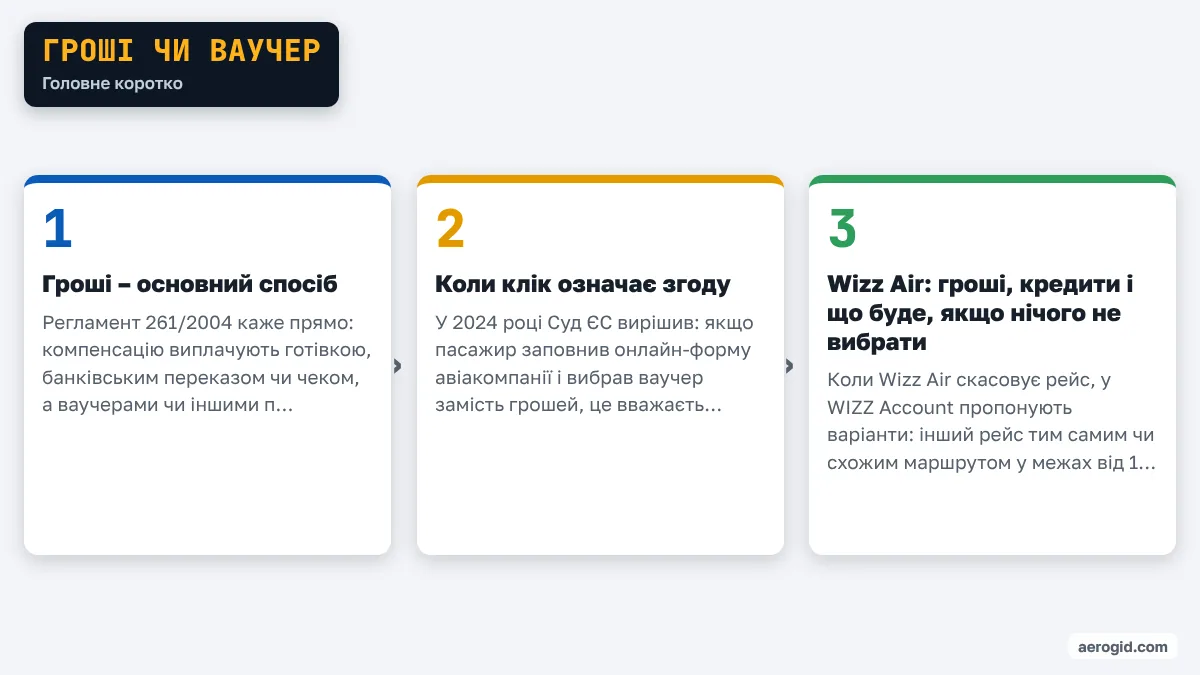 Схема: Гроші чи ваучер – Гроші – основний спосіб; Коли клік означає згоду; Wizz Air: гроші, кредити і що буде, якщо нічого не вибрати.