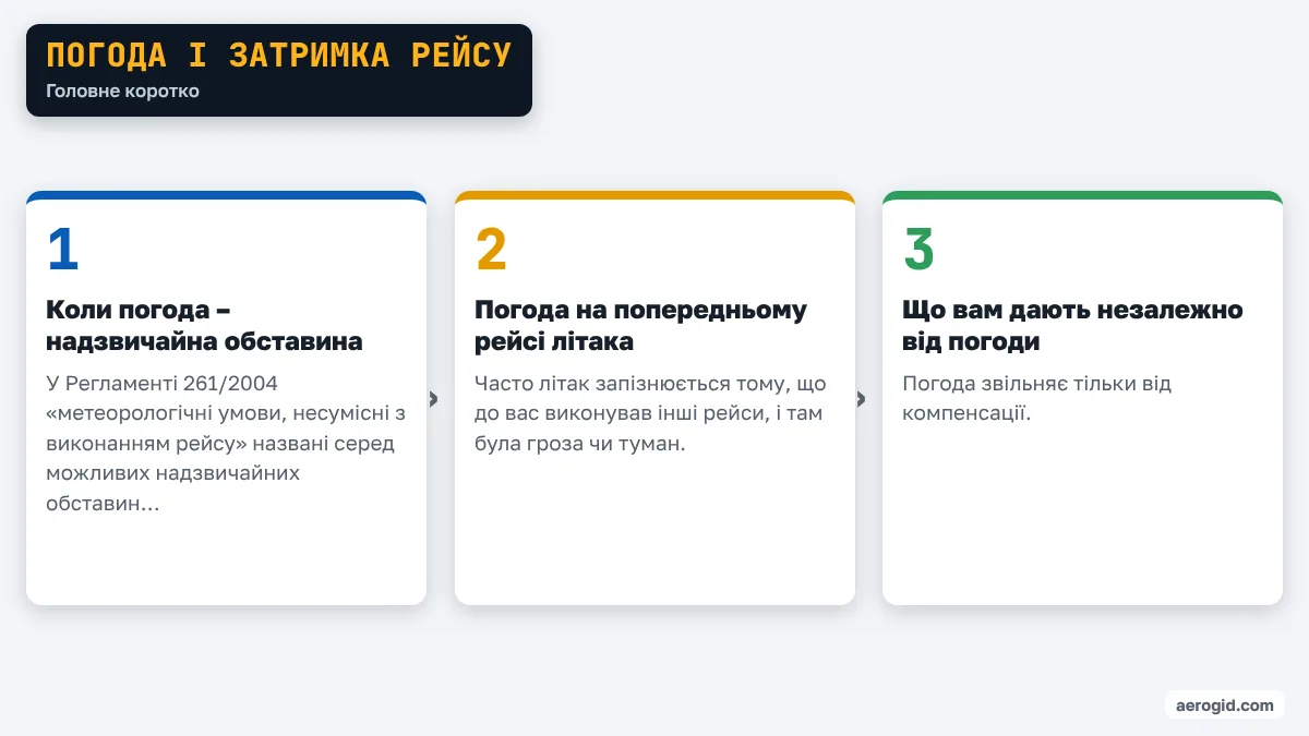 Схема: Погода і затримка рейсу – Коли погода – надзвичайна обставина; Погода на попередньому рейсі літака; Що вам дають незалежно від погоди.