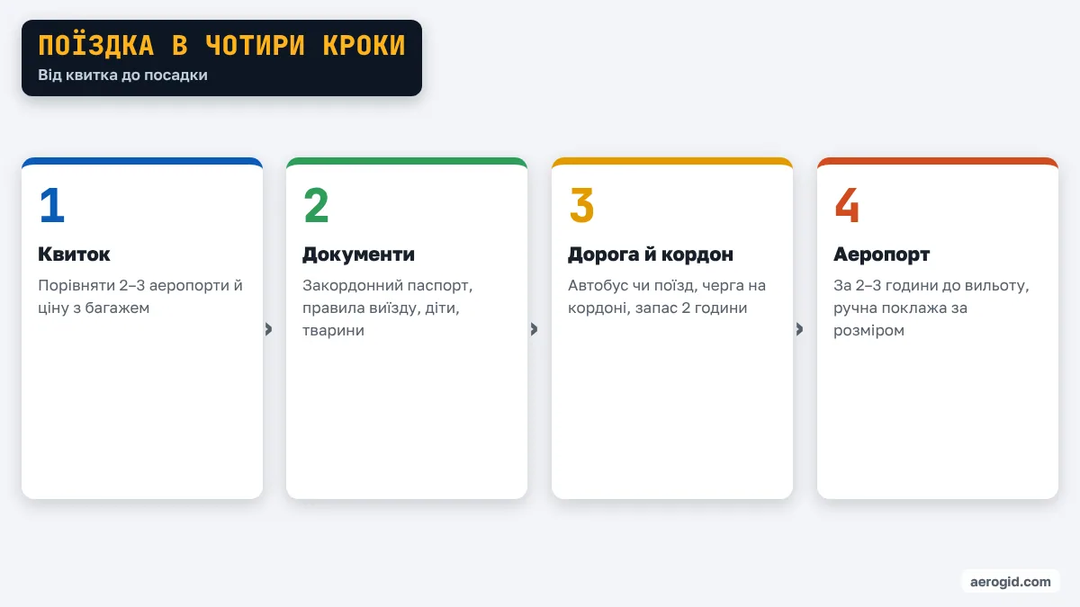 Схема підготовки до перельоту: квиток, документи, дорога й кордон, аеропорт.